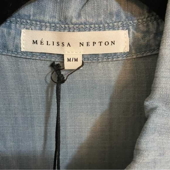 𝅺🎀 Melissa Nepton Puff Shoulder Raw Hem & Seam Soft Denim Button Down Shirt, - Picture 3 of 8